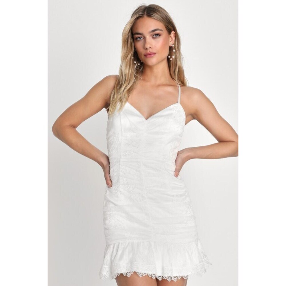 Lulus Irresistible Aesthetic White Lace Ruched Bodycon Mini Dress - Size S